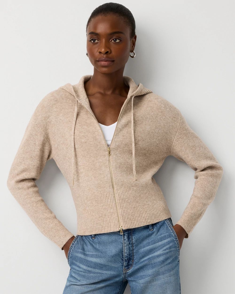 Petite Rib Knit Zip Hoodie | White House Black Market